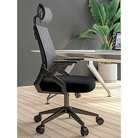 Ghế lưới văn phòng CÓ TỰA CỔ chống mỏi, tay gấp 90 độ, chân nhựa cao cấp- ghế làm việc chân xoay 360