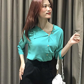 Sơ mi công sở FREE SHIP Sơ mi nữ chất liệu lụa Nhật cao cấp phối nút ngọc