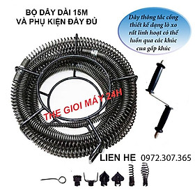 Dây thông tắc cống, đường ống đường kính 16mm dùng tay quay dài 15m bao gồm 6 đầu thông và 1 tay quay