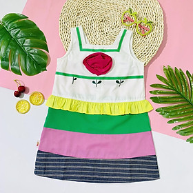 Đầm Bé Gái Tầng Ba Màu Vải Cotton Có Dây Kéo - Cổ Vuông Sát Nách - Hoa Hồng Đính Nổi - Eo Nhún Bèo Cho Bé Từ 13 Đến 50 Kg YF - 6DX156