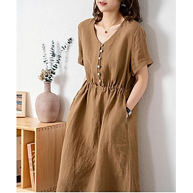 Đầm sơ mi cổ V màu trơn thanh lịch cho nữ, Đầm suông linen nhún eo, ngắn tay mặc đi làm, đi chơi Haint Boutique Da173