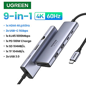 Hub USB-C 9 in 1 Ugreen 15375 CM498 HDMI 4K 60Hz, RJ45 1Gbps, USB 3.0, SD TF with PD 100W hàng chính hãng