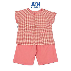 Bộ quần áo Bà Ba Lửng bé gái họa tiết Caro Hồng Dâu cotton - AICDBGCP395A - AIN Closet