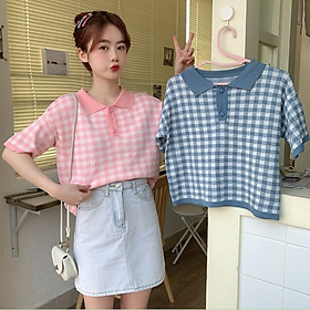 Áo thun cổ polo tay ngắn họa tiết sọc ca rô thời trang phong cách retro Hàn Quốc cho nữ