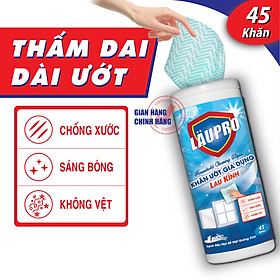 Khăn ướt Kháng Khuẩn CHỨA CỒN - Gia dụng Läupro – Lau kính –Loại bỏ 99.99% vi khuẩn gây hại - Hộp 45 Khăn (Laupro) - Được Chứng Nhận & Kiểm Nghiệm!