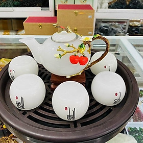 Mua Bộ Ấm Chén Đá Mã Não - Gồm 1 Ấm + 6 Chén + Đế Gỗ ( Full Hộp )