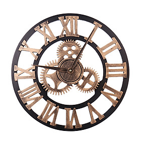 European Retro Gear Clock Roman Digital Wooden Furniture 3D Bronzer Wall Clock