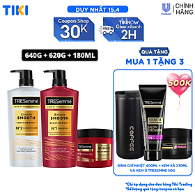 Combo Dầu gội, Dầu xả & Kem ủ TRESEMME Keratin Smooth Dưỡng tóc vào nếp suôn mượt vào nếp suôn mượt Công thức chuẩn salon Hydrolyzed Keratin 640g, 620g, 180ml