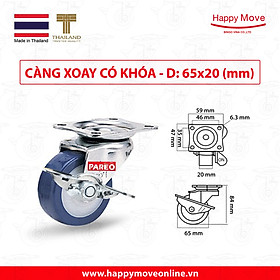 Bánh xe đẩy PU tải nhẹ càng xoay khóa - 50-65-75mm - Happy Move Thái Lan