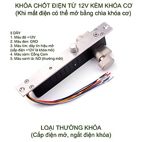 Chốt rơi điện từ kèm chìa khóa cơ, loại thường khóa 5 dây, 12VDC có độ trễ 0-3-6-9 giây (mất điện mở bằng chìa khóa cơ)