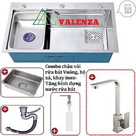 Combo chậu rửa chén bát 1 hố lớn Valenza 7846 inox sus304 chuẩn 100% kèm vòi rửa bát dáng Vuông Valenza sus304, bộ xả to ngăn mùi, khay inox kín-TẶNG BÌNH NƯỚC RỬA CHÉN