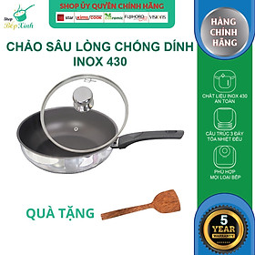 Chảo inox chống dính sâu lòng có nắp kính cao cấp Fivestar 24cm , 26cm  , tặng 1 sạn dừa , tay cầm cách nhiệt