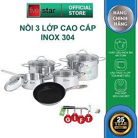 Hình ảnh Bộ nồi và chảo chống dính vân đá 3 lớp đáy liền inox 304 cao cấp Fivestar Plus 5 món quai oval nắp kính , tặng 1 sạn inox