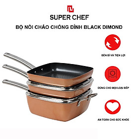 Bộ 3 Nồi Chảo Chống Dính Black Diamond Cao Cấp Bền Hơn 79%, Cứng Hơn 33%