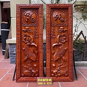 Mua Tranh gỗ lý ngư vọng nguyệt treo tường kích thước 37*107 khung ván dày 4cm  đục kênh bong sắc nét