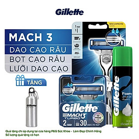 Dao Cạo Râu Gillette Mach 3 Turbo Cùng Bộ 2 Lưỡi Dao Thay Thế Và Bọt Cạo Râu Gillette Hương Chanh Chai 175G Tặng Bình Giữ Nhiệt Kim Loại Cao Cấp
