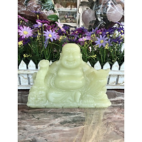 Mua Tượng Phật Di Lặc ngồi cầm thỏi vàng và gậy như ý phong thủy đá ngọc Onyx - Dài 20 cm