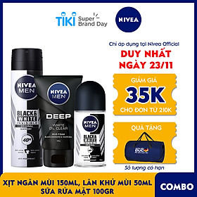 Bộ 3 Xịt và Lăn Ngăn Mùi NIVEA MEN Black & White Ngăn Vệt Ố Vàng Vượt Trội 5in1 ( Xịt ngăn mùi 150ml - 85388 và Lăn ngăn mùi 50ml - 85392) & Sữa Rửa Mặt NIVEA MEN DEEP Than Đen Hoạt Tính Hút Nhờn Sáng Da (100G) - 84415