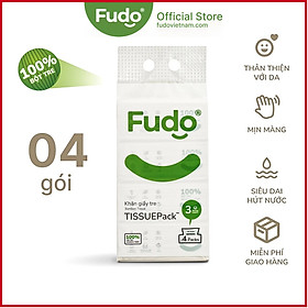 Khăn giấy khô Fudo® TISSUEPack™ từ tre không bụi vụn, không tẩy trắng - 1 Túi lớn - 04 gói/130 tờ - 03 lớp siêu thấm