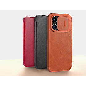 Bao da dành cho iPhone 15 Pro Max, 15 Pro hàng chính hãng Nillkin QIN có nắp trượt bảo vệ camera - Hàng nhập khẩu - Màu Đen - iPhone 15 Pro Max