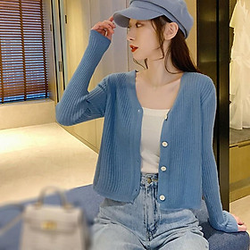 Áo Cardigan Dệt Kim Tay Dài Phối Nút Thiết Kế Cổ Chữ V Thanh Lịch