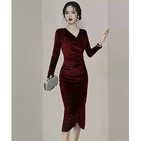 ĐẦM BODY NHUNG KIM SA CỔ ĐẮP CHÉO CAO CẤP