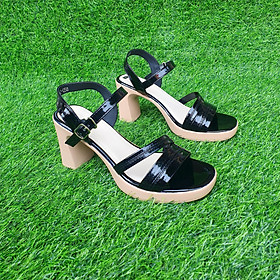 Giày Sandal nữ  cao gót 8cm Trường Hải  da bóng 2 màu đen,nâu đế PU nhẹ Xd145Đ - Đen - 35