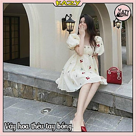 Váy hoa thêu cổ vuông tay bồng phong cách Hàn Quốc siêu cute KAZY DRESS V055