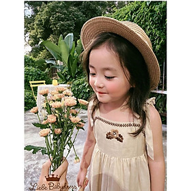 VÁY BE THÊU HOA KIỂU DÁNG BUỘC DÂY VAI CHO BÉ GÁI