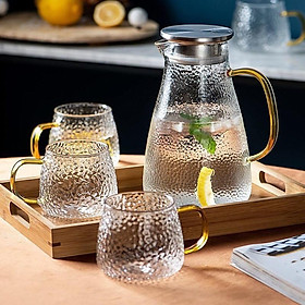 BỘ BÌNH ĐỰNG NƯỚC THỦY TINH_6 CỐC HOA VĂN NỔI TRÒN TAY CẦM VÀNG