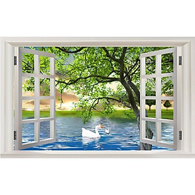 Mua Tranh dán tường 3d cửa sổ đôi thiên nga ép lụa kim sa có sẵn keo CS08