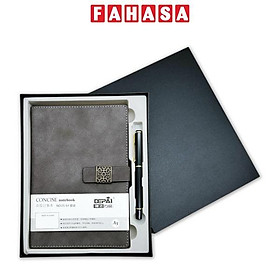 Bộ Quà Tặng Sổ Bìa Da Khóa Gài Kim Loại Kèm Bút Ký - 168 Trang 80gsm - Depai 25-64 - Mực Xanh - Màu Xám