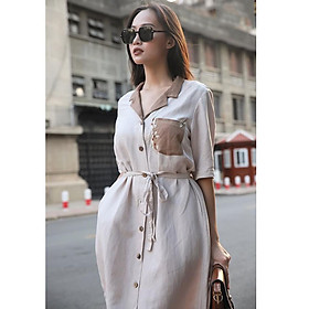 Đầm suông linen tưng premium sơ mi cổ hai ve thêu hoa ngực trẻ trung ArcticHunter, thời trang thương hiệu chính hãng