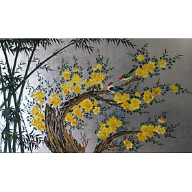 Mua Tranh Sơn Mài - Cây Mai Và Chim sẻ - Tranh vẽ đắp nổi - Mang lại may mắn  tài lộc - Kích thước 60x100cm - Không có khung