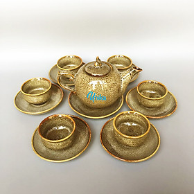 Bộ Ấm Chén Trà Bầu Tròn Nắp Xoắn Nhọn Men Gấm Vàng ACTV7 - Bộ ấm chén chè - Gốm Sứ Cao Cấp Bát Tràng