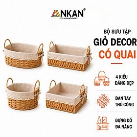 Giỏ Decor Có Quai Xách – Bộ 4 Kiểu Dáng Thủ Công Đẹp Mắt, Lót Vải Vintage, Đựng Đồ & Trang Trí Tinh Tế