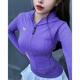 Áo khoác nữ vải thun dệt kim đi nắng, tập thể thao co giãn tốt, có nón 2 túi ngoài dây kéo