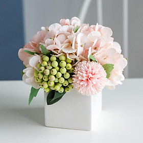Artificial Silk Flowers in Ceramic Vase, Fake Hydrangea Flower Arrangements for Home Office Wedding Decor Artificial Flowers with Vase Gifts