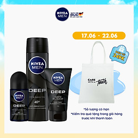 Bộ 3 sản phẩm Xịt và Lăn Ngăn Mùi NIVEA MEN DEEP Than Đen Hoạt Tính (Xịt 150ml - 80027 & Lăn 50ml - 80031) & Sữa Rửa Mặt NIVEA MEN DEEP Than Đen Hoạt Tính Hút Nhờn Sáng Da (100G) - 84415