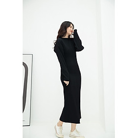 Đầm thun gân đen NGADO , đầm thun nữ , đầm midi , đầm dạo phố