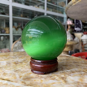 Mua Quả Cầu Phong Thuỷ Đá Mắt Mèo Màu Xanh Có Tặng Kèm Đế Gỗ - đường kính 8cm