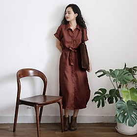 Đầm suông sơ mi linen trẻ trung ArcticHunter, thời trang thương hiệu chính hãng - Nâu