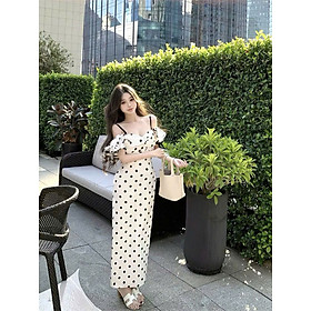 Đầm chấm bi trễ vai phong cách nhẹ nhàng