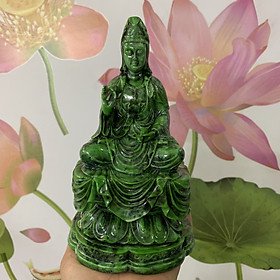 [Phật Quan Âm] Tượng đá Phật Bà Quan Thế Âm Bồ Tát ngồi tòa sen - Chiều cao 20cm - Màu xanh lục bích