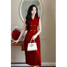 Set áo đỏ chân váy dập ly NGADO , set áo váy dài , set Nữ , set dự tiệc , công sở