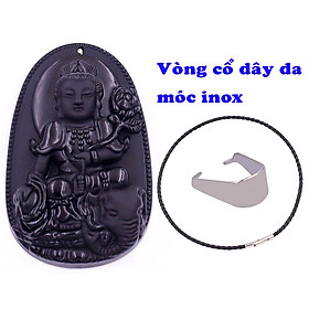 Mặt Phật Phổ hiền bồ tát đá thạch anh đen kèm vòng cổ dây cao da đen + móc inox trắng, mặt dây chuyền Phật bản mệnh, vòng cổ mặt Phật