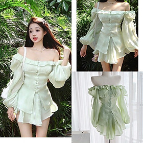ĐẦM SET ÁO SƠ MI TRỄ VAI CỔ U XANH MINT PASTEL TAY DÀI + CHÂN VÁY NGẮN SUÔNG XẾP LY ĐI CHƠI DẠO PHỐ ĐI TIỆC ĐI BIỂN NOEL GIÁNG SINH
