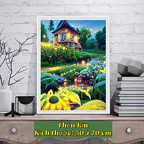 Mua Tranh thêu chữ thập  thêu kín  thêu 4 sợi chỉ  9CT hình ngôi nhà hoa hướng dương  kích thước 50 x 70 cm