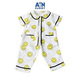 Bộ quần dài áo tay ngắn unisex họa tiết Mặt cười viền đen xô muslin