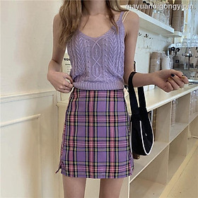 Đầm kẻ caro tím DL585  hongvicfashion